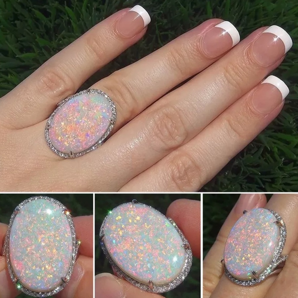 NEW Sterling Silver Huge Opal Diamond Ring - Picture 5 of 7